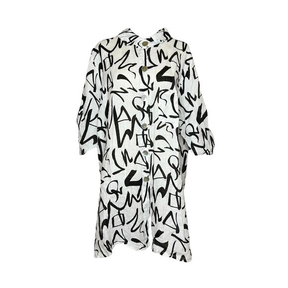 Women's White Linen Shirt Button Up Size L Black Script Made in Italy - Picture 1 of 4